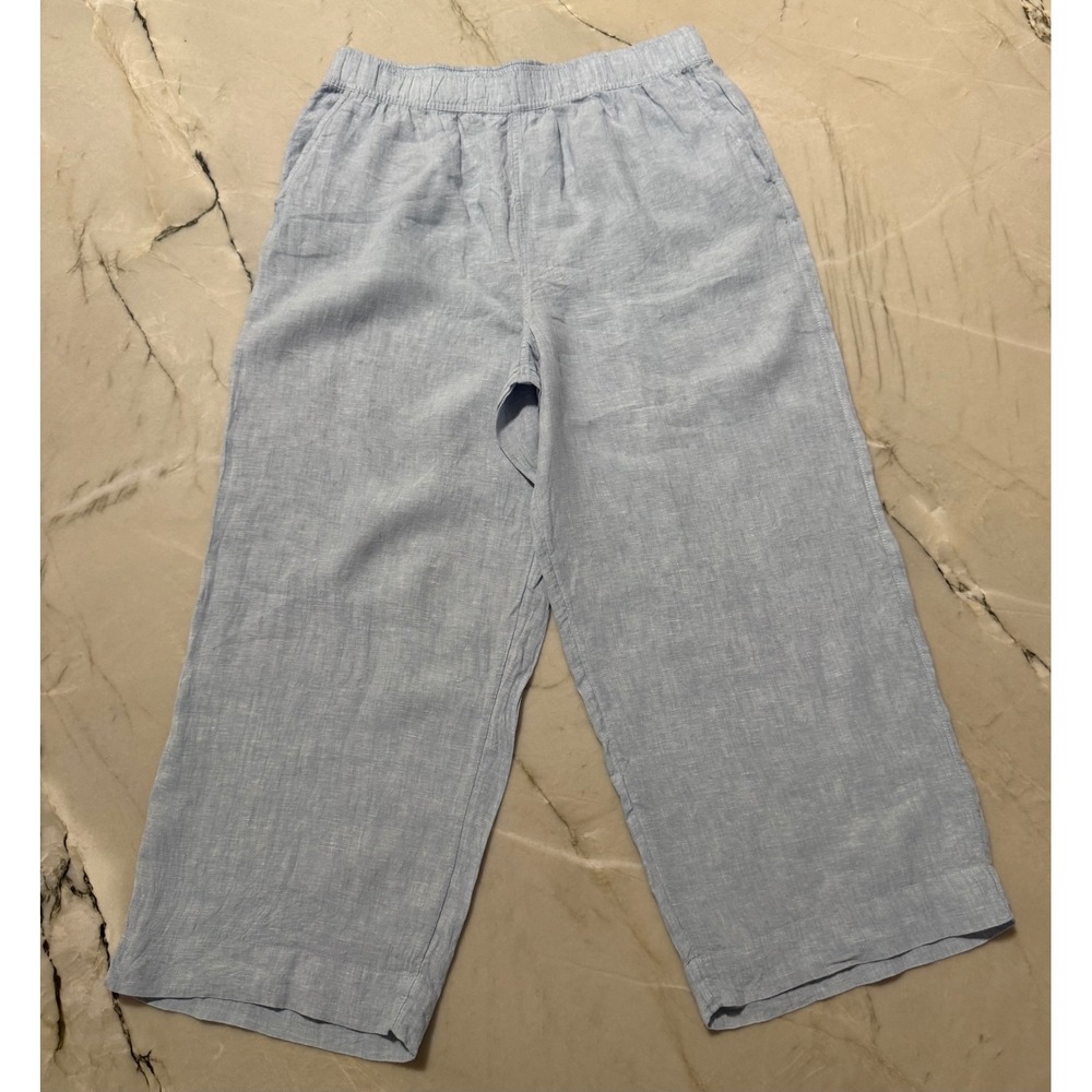 Tahari Women XL Light Blue 100% Linen Wide Leg Elastic Waist Cropped Pants
